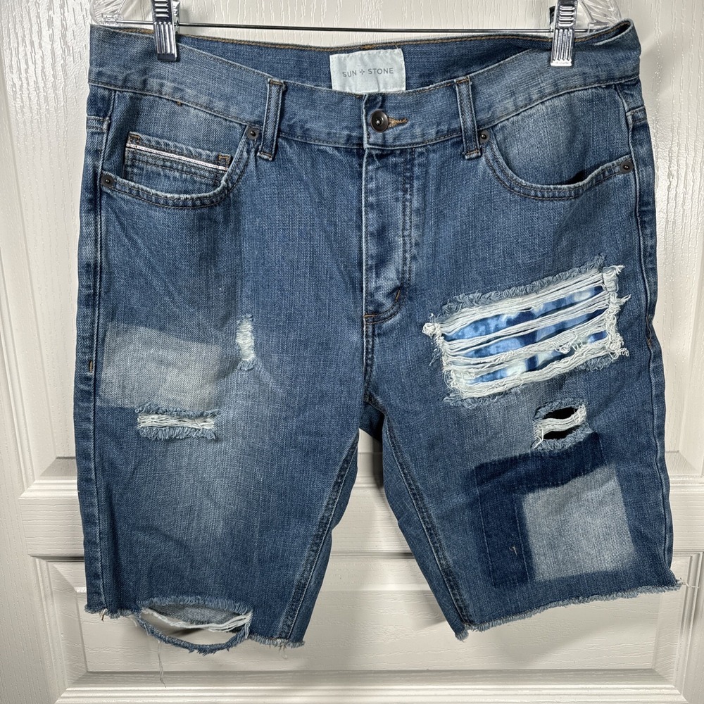 Sun + Stone Mens Blue Cotton Distressed Cutoff Denim Shorts 30 BHFO 4401